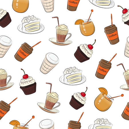 Vector seamless background. A set of drinks, pastries and sweets. Design for fabrics, textiles, paper, wallpaper, web. Retro. Vintage style.のイラスト素材