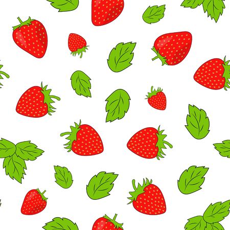 Seamless pattern of strawberries and green leaves. Vector illustration.のイラスト素材