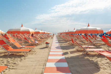Umbrellas and deck chairs on the beach in the morning of Rimini in Italyの写真素材