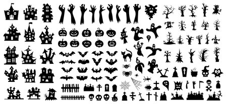 Set of silhouettes of Halloween on a white background. Vector illustrationのイラスト素材