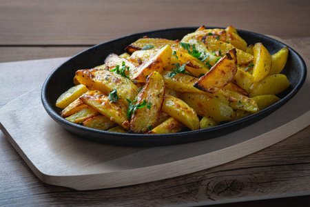 Fried potatoes in a rural style, with spices. On rustic pan, on a wooden table, close view copy...