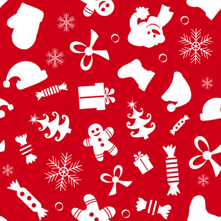 Christmas seamless pattern of icons on red background in flat style.Vector illustrationのイラスト素材
