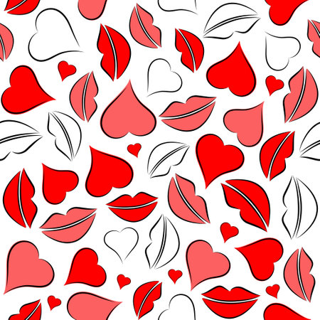 Seamless pattern with lips traces and hearts. Vector illustrationのイラスト素材