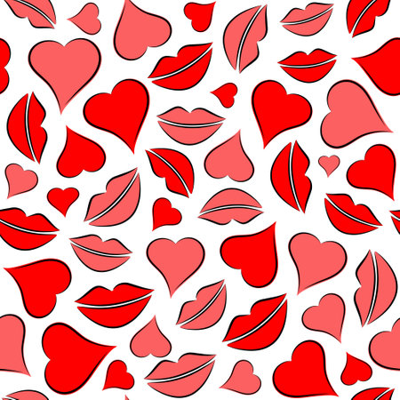Seamless pattern with lips traces and hearts. Vector illustrationのイラスト素材