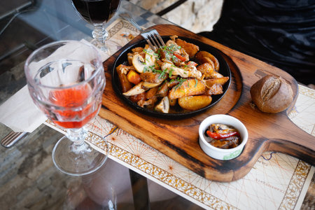 Hot frying pan with meat potatoes and mushroomsの写真素材