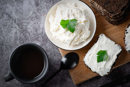 Rye bread on a wooden cutting board with curd cheese and ricotta and herbs. Decorated with green herbsの写真素材