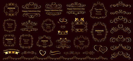 Calligraphic design elements. Decorative swirls and scrolls, vintage frames, flourishes, labels and dividers. Valentine's day special pack design elements. Retro vector illustration.のイラスト素材