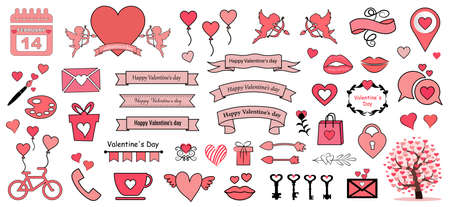 Vector Hand drawn doodle Love collection, illustration Sketchy icons. Big set for Valentine's day, Mothers day, wedding, love and romantic events. Frames, vintage design elements.のイラスト素材