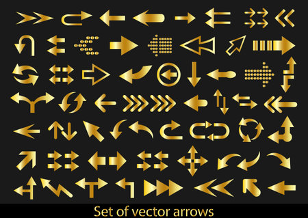 Vector set of arrow shapes isolated on black.Arrow icon. Arrow vector collection. Arrow. Cursor. Modern simple arrows. Vector illustration.のイラスト素材