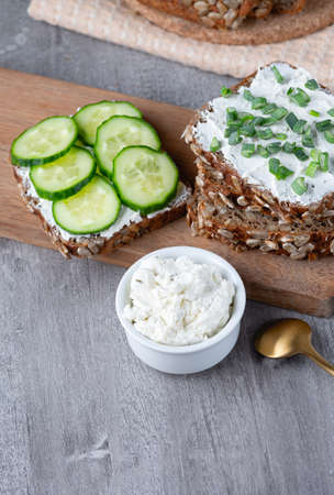 Healthy sandwich with white cottage cheese and cucumberの写真素材
