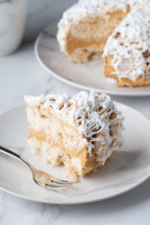 A piece of delicious vanilla cake and cake on a light table
