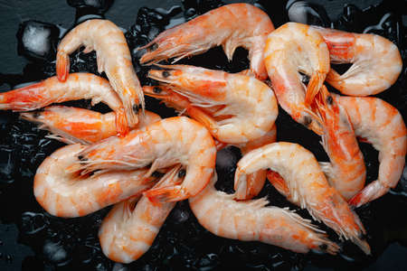 Food flat background, shrimp and ice on dark stone, top viewの写真素材