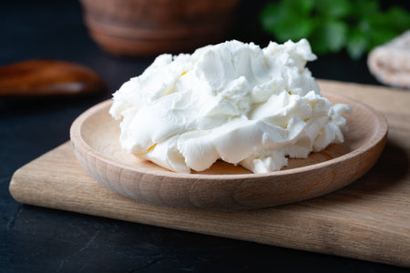 Cottage cheese on a wooden stand. Cottage cheese in a bowl. Soft cheese and wooden spoon on a wooden boardsの写真素材