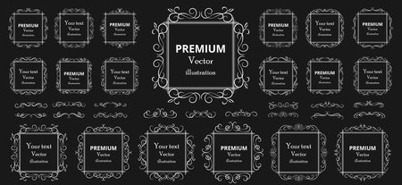 Calligraphic design elements. Decorative swirls or scrolls, vintage frames, flourishes, labels and dividers. Retro vector illustration.のイラスト素材