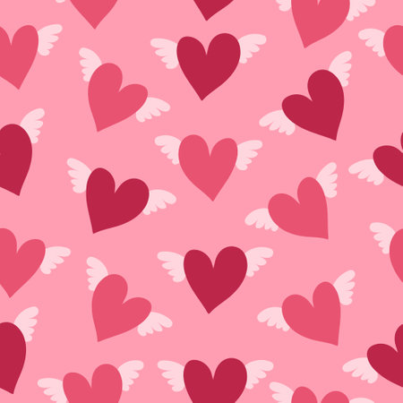 Seamless heart pattern for Valentines Day. Cute hearts with wings.のイラスト素材