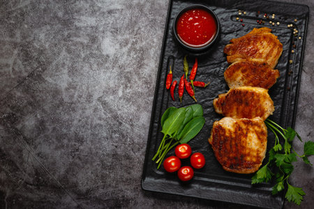 Grilled pork steaks with spices on a stone background with copy space