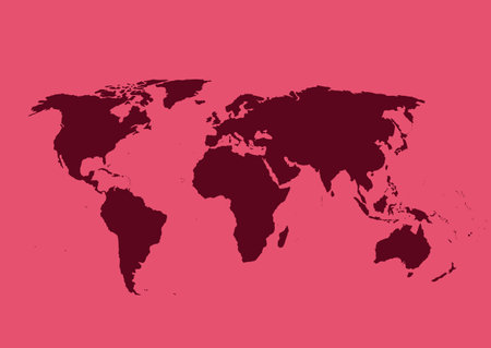 World map vector, isolated on Viva Magenta background. Flat Earth, map template for website pattern, annual report, infographics. Travel worldwide, map silhouette backdropのイラスト素材