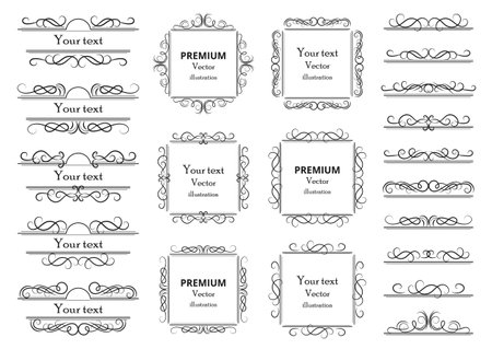 Calligraphic design elements . Decorative swirls or scrolls, vintage frames , flourishes, labels and dividers. Retro vector illustrationのイラスト素材