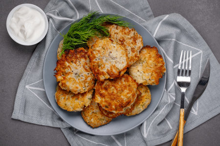 Close up view of potato pancakes. Potatoes pancakes latkes, flapjacks, hashbrown or potato vada on gray plate over gray wooden table, with fresh dill and sour cream. Copy space for textの写真素材