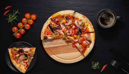 Fresh hot Pizza and coffee on a black backgroundの写真素材