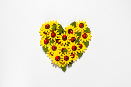 yellow flowers. Floral heart composition isolated on white background.の写真素材