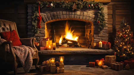 Wrapped presents under the Christmas tree in a cozy festive atmosphereの素材