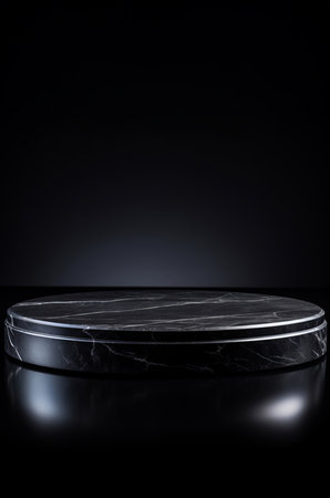 Empty round marble podium on black platform with black background for product display.の素材