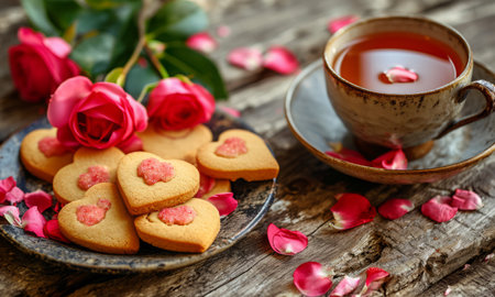 Homemade heart shaped cookies and a cup of tea or coffee on the table.の素材
