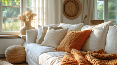 Sofa with pillows close-up in the living roomの素材