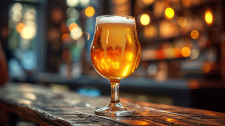 Glass of beer on wooden table. Blurred background with space for text, copyspace, banner.の素材