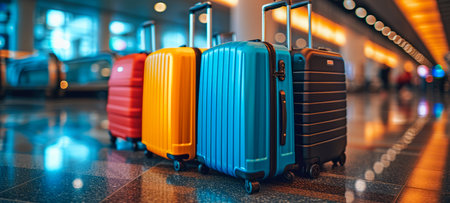 Suitcases at the airport. Travel and vacation theme background. Travel banner.の素材