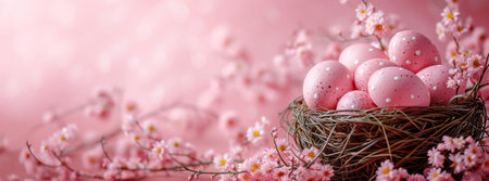 Easter holiday celebration banner greeting card banner with easter eggs and flowers on a pink background.の素材