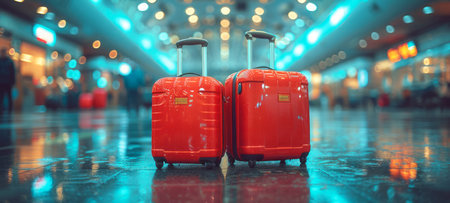 Red suitcase in an empty train station. Travel and vacation theme background. Travel bannerの素材