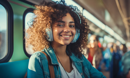 Young beautiful African American woman wearing headphones and listening to music while sitting in a train carriageの素材