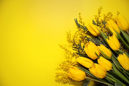 Bouquet of yellow tulips on a yellow background, top view of a floral bannerの写真素材