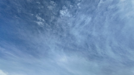 Panoramic Blue Sky Background with atmospheric Cloudsの写真素材
