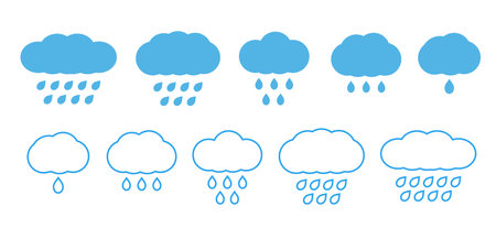 Various cloud and rain icons designed for weather representation and communication purposes showing different styles and formats. Vector illustrationのイラスト素材