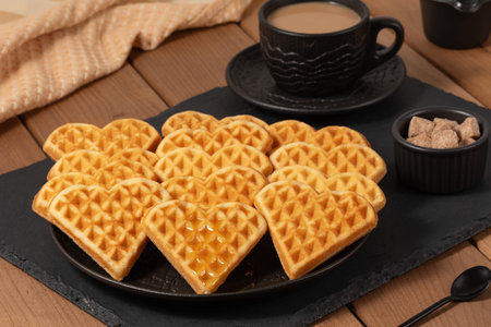 Delicious heart-shaped waffles served with coffee and sugar on a wooden table in a cozy setting