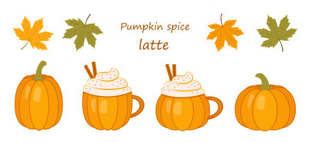 Seasonal delight showcasing pumpkin spice latte with decorative leaves and pumpkins in autumn colorsのイラスト素材