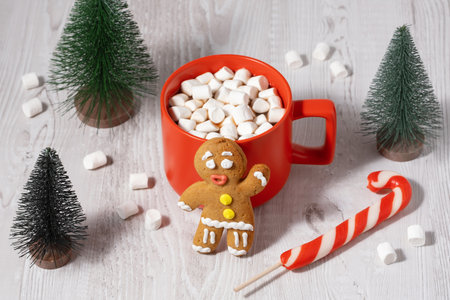 Festive gingerbread cookie and hot chocolate with marshmallows on a wooden table in a cozy winter settingの写真素材
