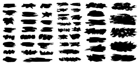 Set of different splash black paint brush strokes, overlay textures, grunge design elements, boxes, painted frames, banner clip art and abstract background for social .のイラスト素材
