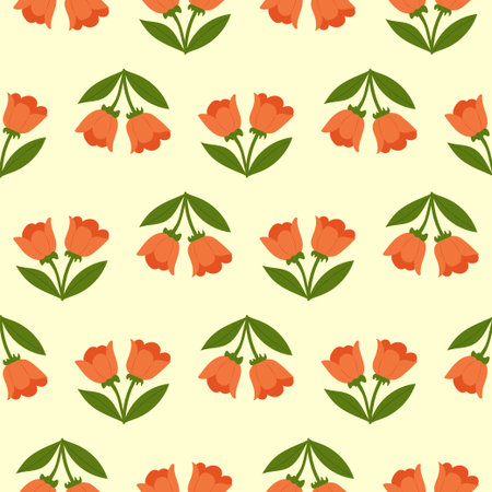 Seamless pattern of orange flowers and green leaves on a yellow background for decoration and design purposes.のイラスト素材