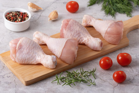 Chicken drumsticks lie on a wooden cutting board surrounded by cherry tomatoes, garlic, and herbs. The scene is set in a kitchen for meal preparation.の写真素材