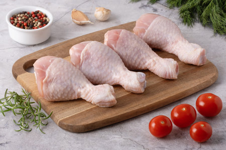 Fresh chicken drumsticks and vegetables on a cutting board in a kitchen setting ready for cookingの写真素材