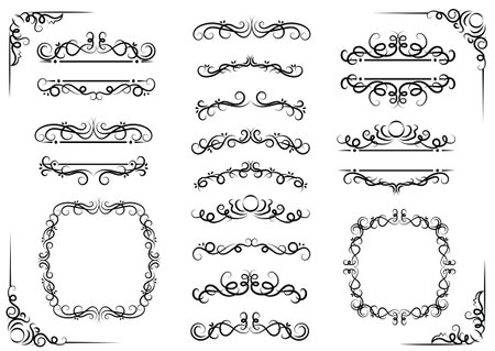 Calligraphic design elements . Decorative swirls and scrolls, vintage frames , flourishes, labels and dividers. Vector illustrationのイラスト素材