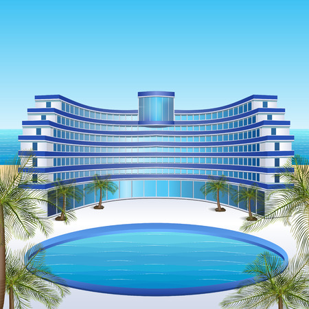 icon hotel with blue balconies, sea, sun, palm treesのイラスト素材