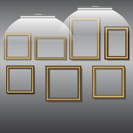 frames for photos and pictures of golden color on the wall with lampsのイラスト素材