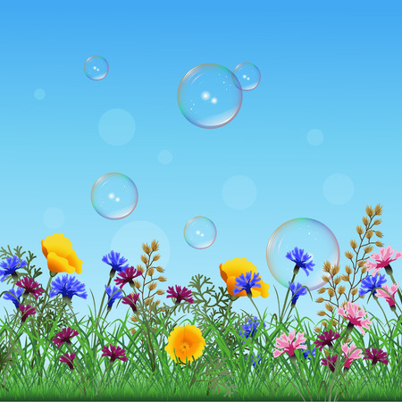 lawn with multicolored flowers and grass on a background of sky and bubblesのイラスト素材