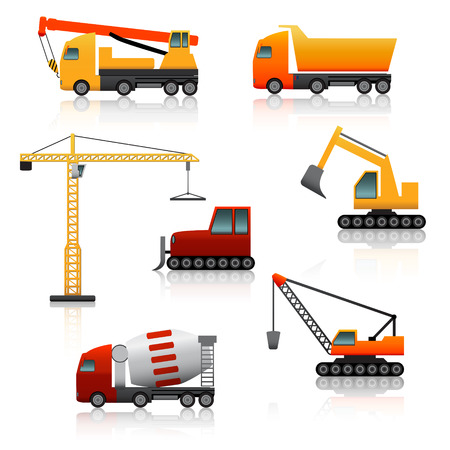 icon construction equipment  	crane, scoop, mixer with reflection on a white backgroundのイラスト素材
