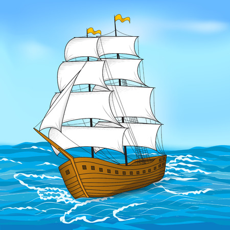 colored vintage sailing ship at sea and the skyのイラスト素材